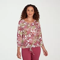 Hearts Of Palm Womens Round Neck 3/4 Sleeve Petite T-Shirt