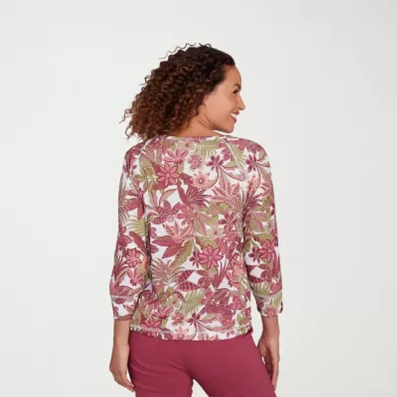 Hearts Of Palm Womens Round Neck 3/4 Sleeve Petite T-Shirt