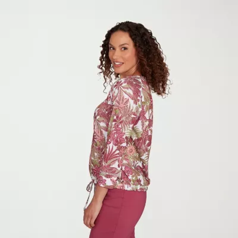 Hearts Of Palm Womens Round Neck 3/4 Sleeve Petite T-Shirt