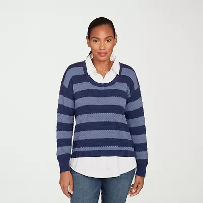 Hearts Of Palm Womens Long Sleeve Striped Layered Sweater