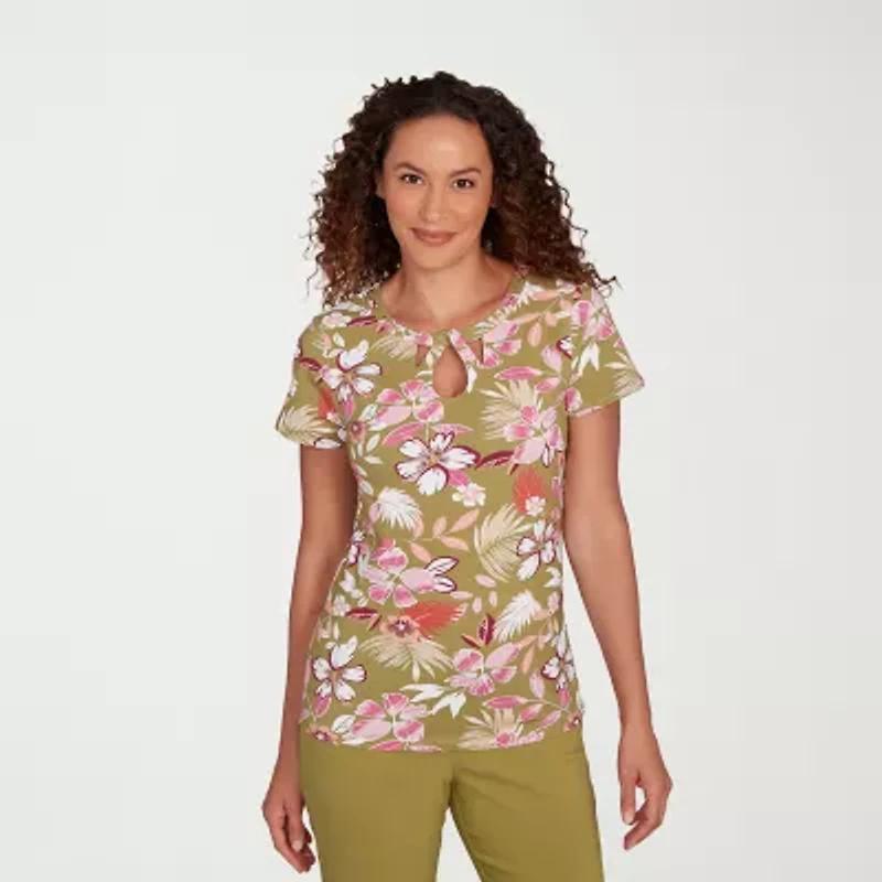 Hearts Of Palm Womens Keyhole Neck Short Sleeve Petite T-Shirt