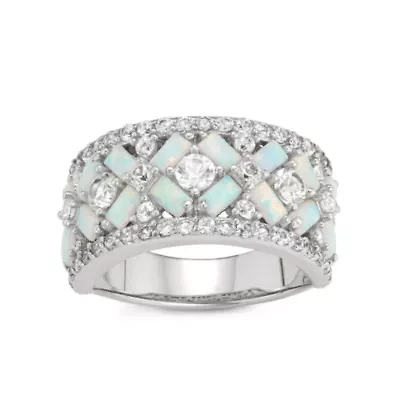 Womens 6MM Lab Created White Opal Sterling Silver Band