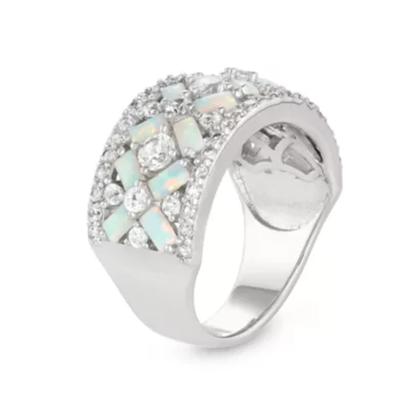 Womens 6MM Lab Created White Opal Sterling Silver Band