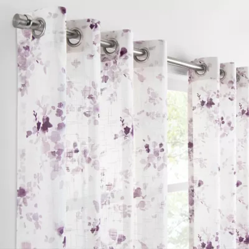Fieldcrest Arden Watercolor Bouquet Cotton Grommet Top Sheer Single Curtain Panel