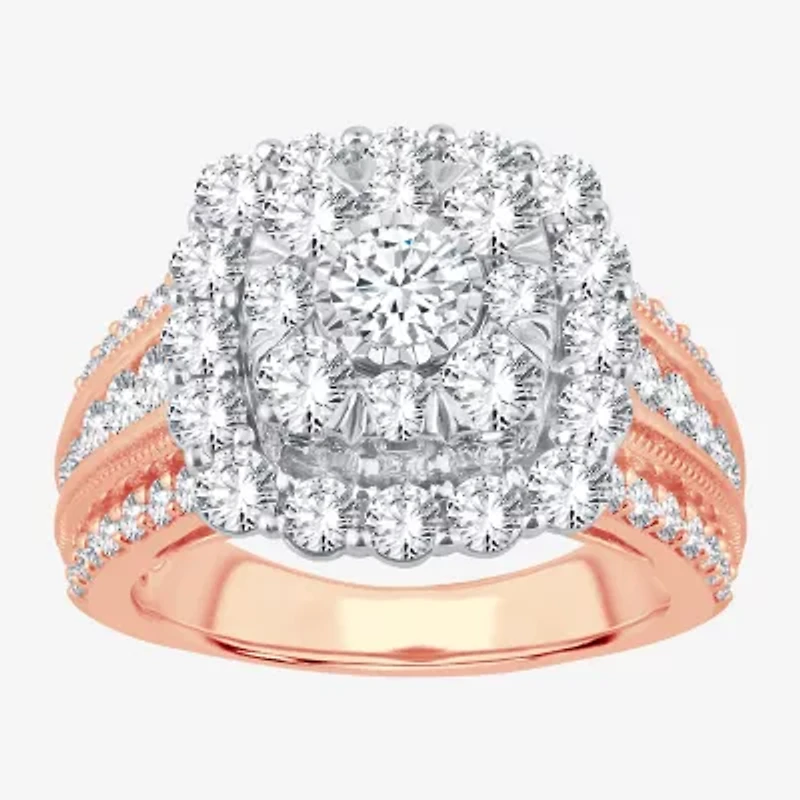 (I / Si1-Si2) Womens 3 CT. T.W. Lab Grown White Diamond 10K Gold Cushion Side Stone Engagement Ring