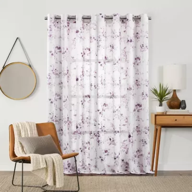Fieldcrest Arden Watercolor Bouquet Cotton Grommet Top Sheer Single Curtain Panel