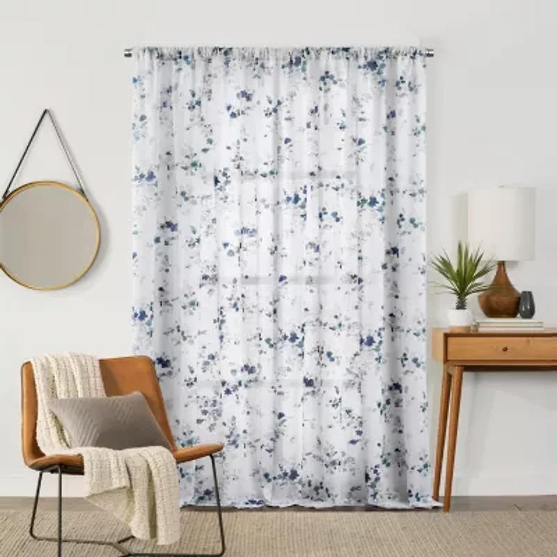 Fieldcrest Arden Watercolor Bouquet Cotton Rod Pocket Sheer Single Curtain Panel