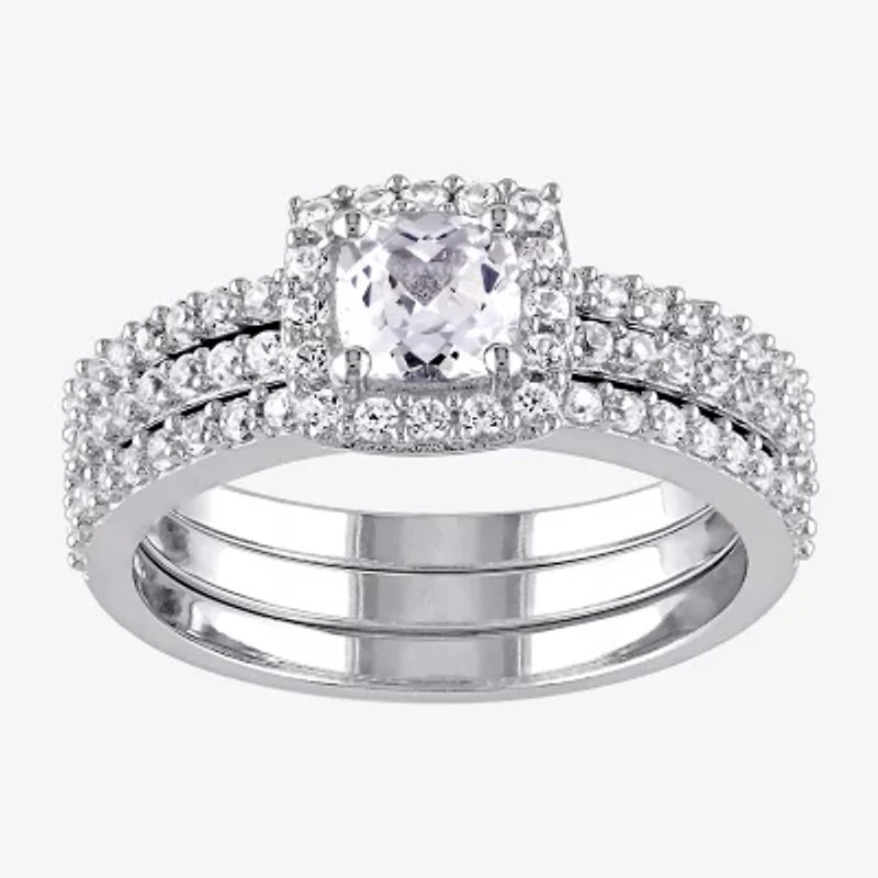 Modern Bride Gemstone Womens Diamond Accent Lab Created White Sapphire Sterling Silver Cushion Halo Bridal Set