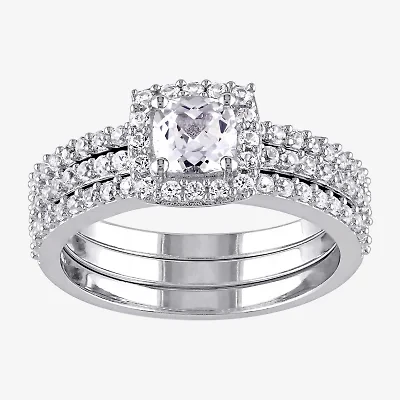 Modern Bride Gemstone Womens Diamond Accent Lab Created White Sapphire Sterling Silver Cushion Halo Bridal Set