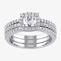 Modern Bride Gemstone Womens Diamond Accent Lab Created White Sapphire Sterling Silver Cushion Halo Bridal Set