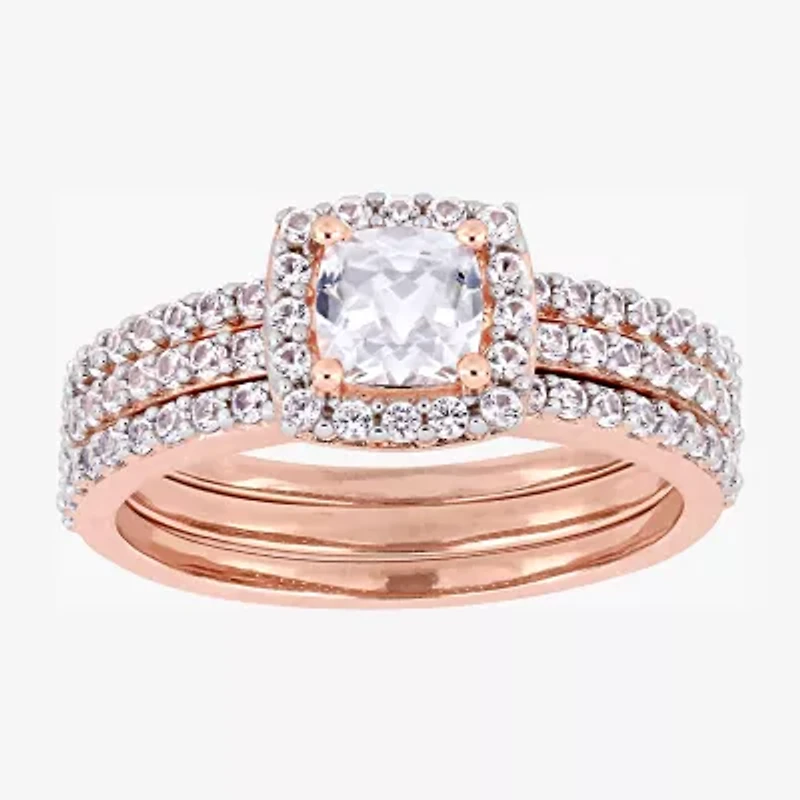 Modern Bride Gemstone Womens Lab Created White Sapphire 18K Rose Gold Over Silver Cushion Halo Bridal Set