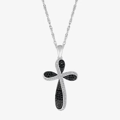 Womens 1/4 CT. T.W. Natural Black Diamond 14K White Gold Cross 18 Inch Pendant Necklace