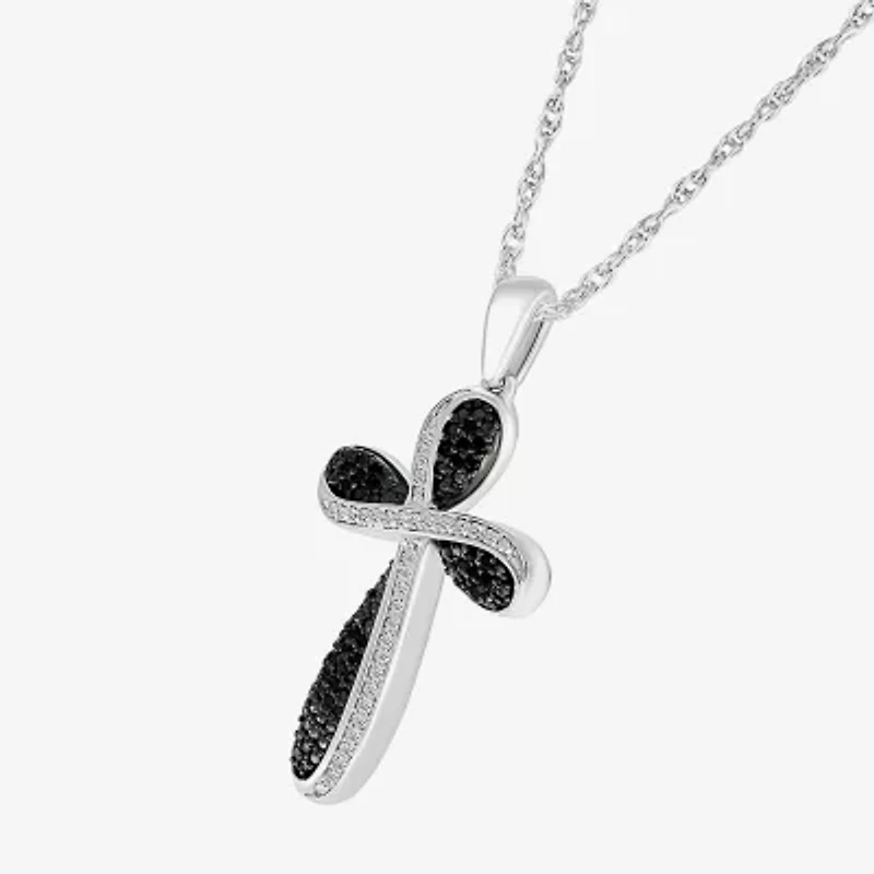 Womens 1/4 CT. T.W. Natural Black Diamond 14K White Gold Cross 18 Inch Pendant Necklace