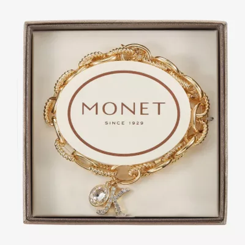 Monet Jewelry Gold Tone Initial Stretch Womens Glass Oval Charm Bracelet