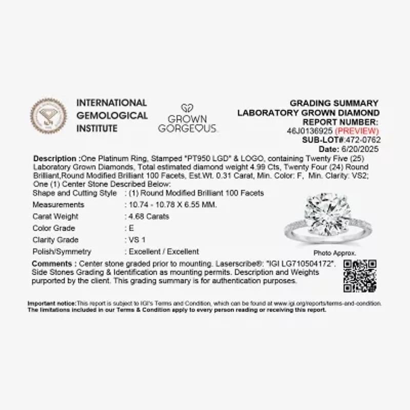 Grown Gorgeous (F, Vs2) Womens 4 7/8 Ct. T.W. Lab White Diamond 14K Gold or Platinum Round Side Stone Engagement Ring