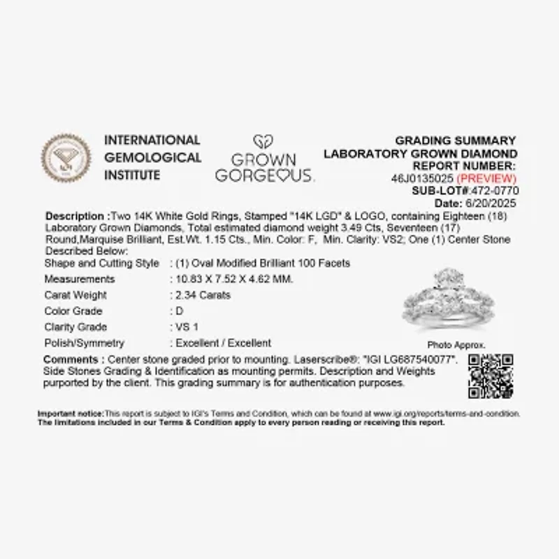 Grown Gorgeous (F,Vs2) Womens / Ct. T.W. Lab White Diamond 14K Gold or Platinum Oval Side Stone Bridal Set