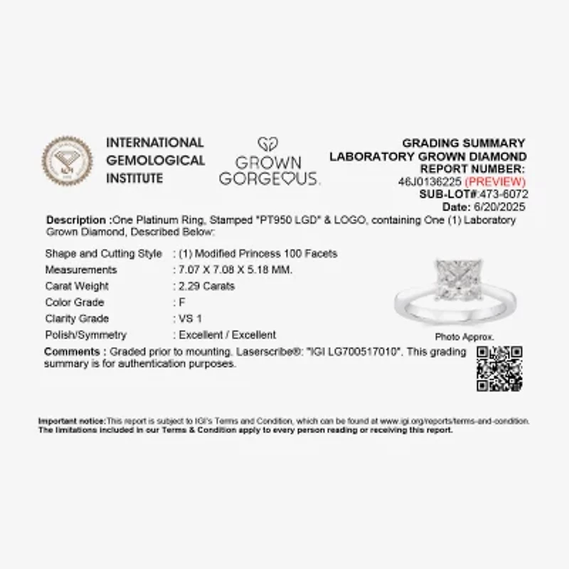 Grown Gorgeous (F, Vs2) Womens 2 1/4 CT. T.W. Lab White Diamond 14K Gold or Platinum Princess-cut Solitaire Engagement Ring