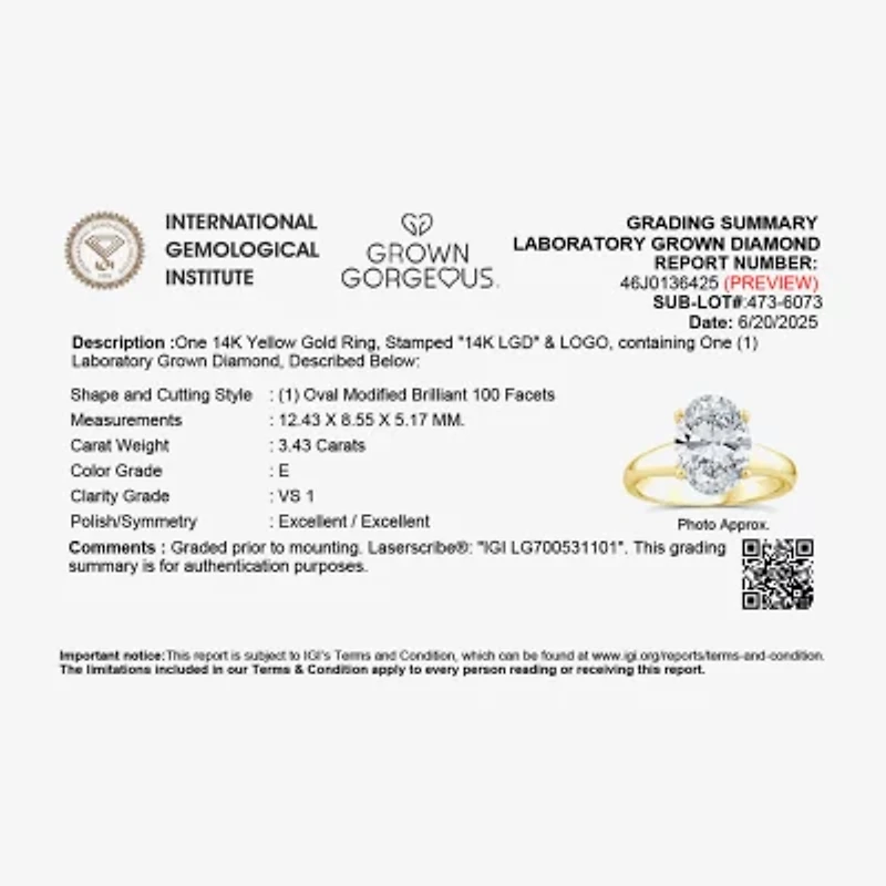 Grown Gorgeous (F,Vs2) Womens 3 3/8 Ct. Lab White Diamond 14K Gold or Platinum Oval Solitaire Engagement Ring