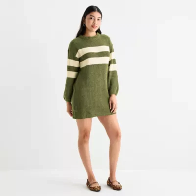 by&by Womens Juniors Long Sleeve Striped Sweater Dress