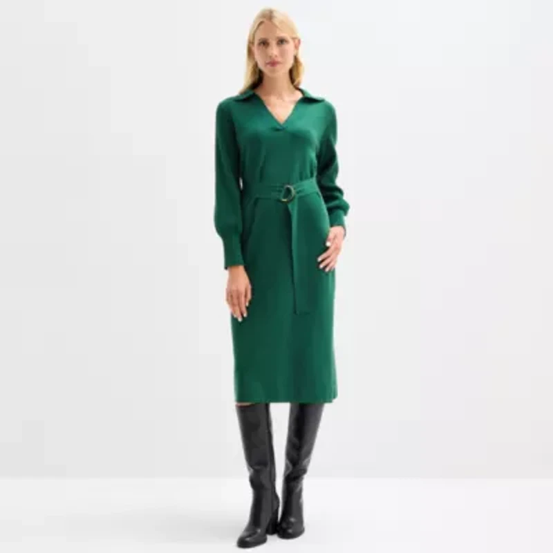 Maia Womens Long Sleeve Belted Midi Sweater Dress