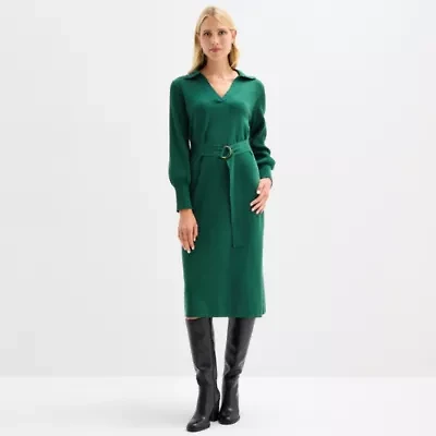 Maia Womens Long Sleeve Belted Midi Sweater Dress