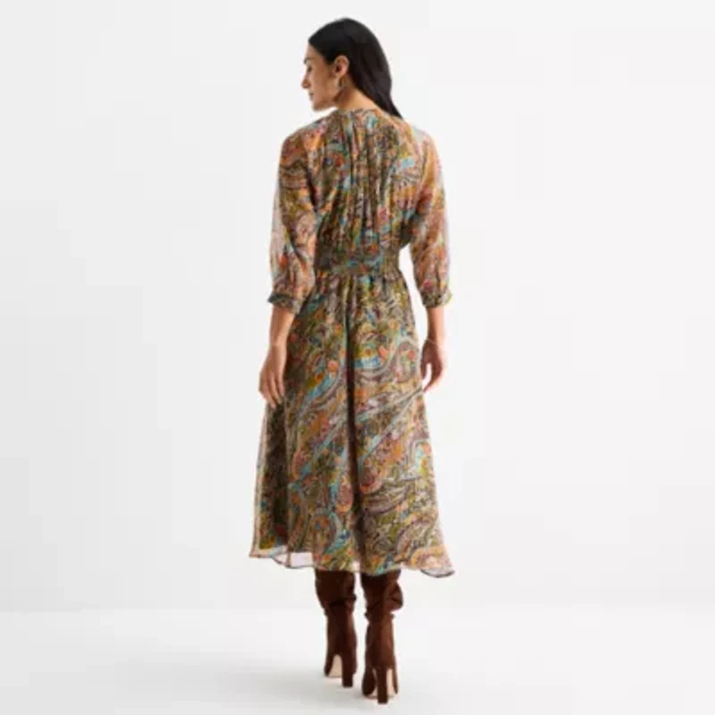 Sam And Jess Womens 3/4 Sleeve Floral Fit + Flare Dress