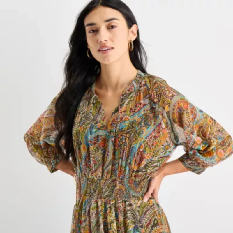 Sam And Jess Womens 3/4 Sleeve Floral Fit + Flare Dress