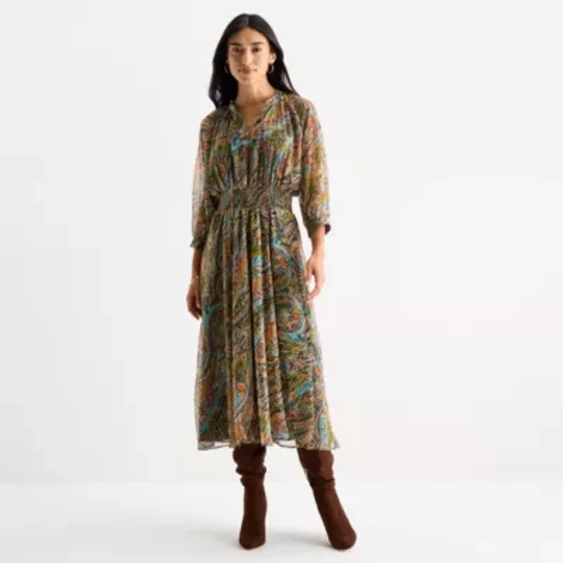 Sam And Jess Womens 3/4 Sleeve Floral Fit + Flare Dress