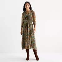 Sam And Jess Womens 3/4 Sleeve Floral Fit + Flare Dress