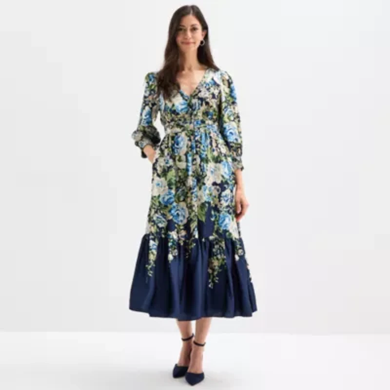 Melonie T Womens 3/4 Sleeve Floral Midi Fit + Flare Dress