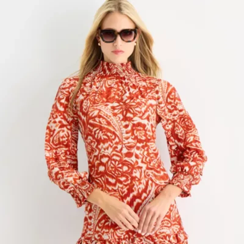 Clover And Sloane Womens Long Sleeve Paisley Shift Dress