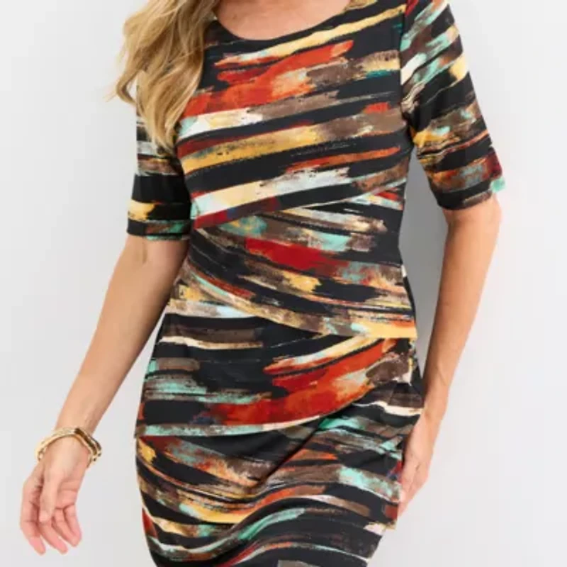 Connected Apparel Womens 3/4 Sleeve Striped Sheath Dress