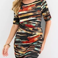 Connected Apparel Womens 3/4 Sleeve Striped Sheath Dress