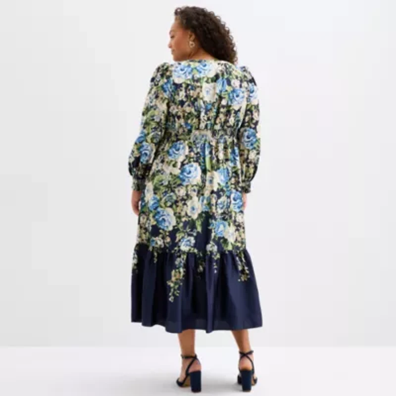 Melonie T Womens Plus 3/4 Sleeve Floral Midi Fit + Flare Dress