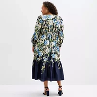 Melonie T Womens Plus 3/4 Sleeve Floral Midi Fit + Flare Dress