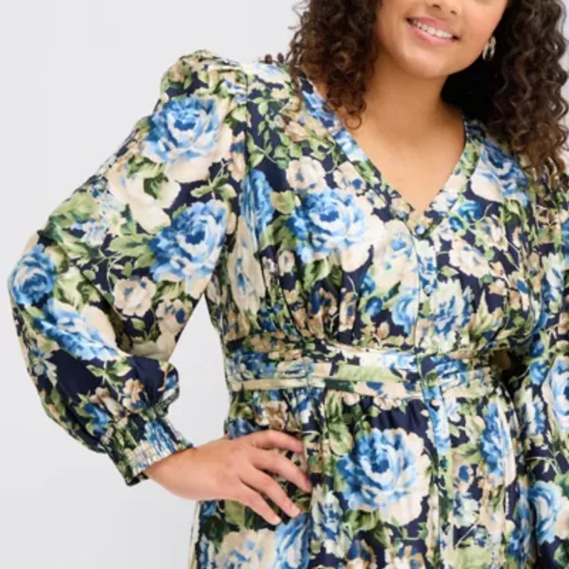 Melonie T Womens Plus 3/4 Sleeve Floral Midi Fit + Flare Dress