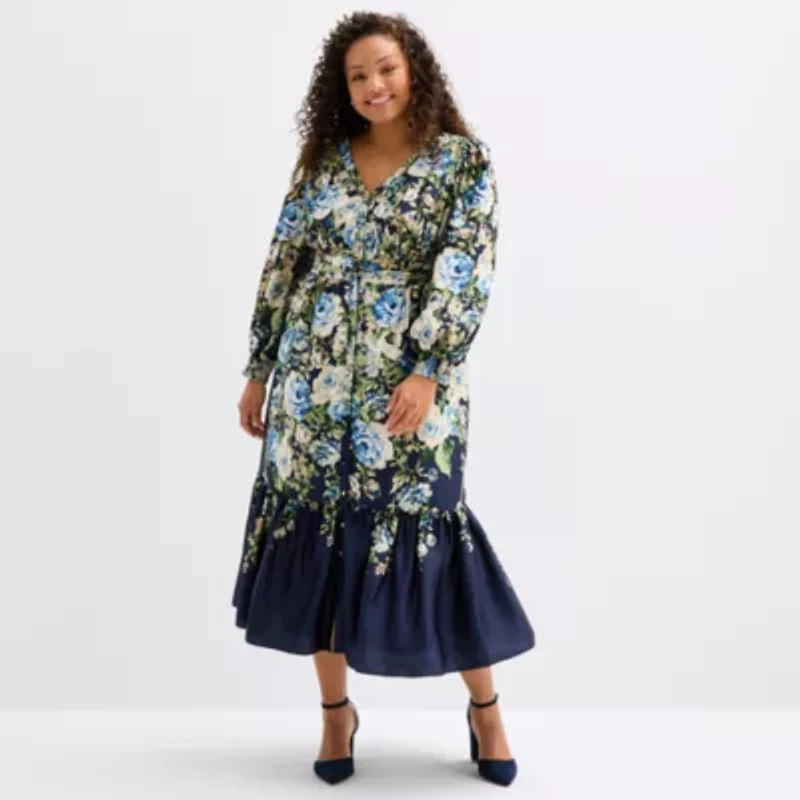 Melonie T Womens Plus 3/4 Sleeve Floral Midi Fit + Flare Dress