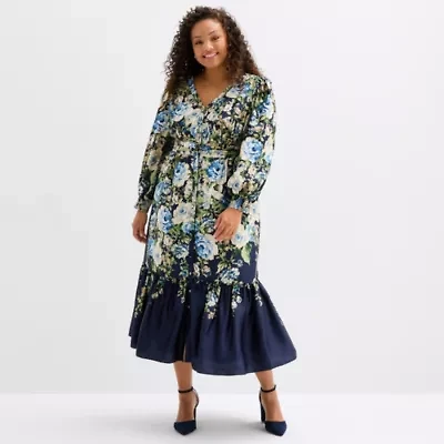 Melonie T Womens Plus 3/4 Sleeve Floral Midi Fit + Flare Dress