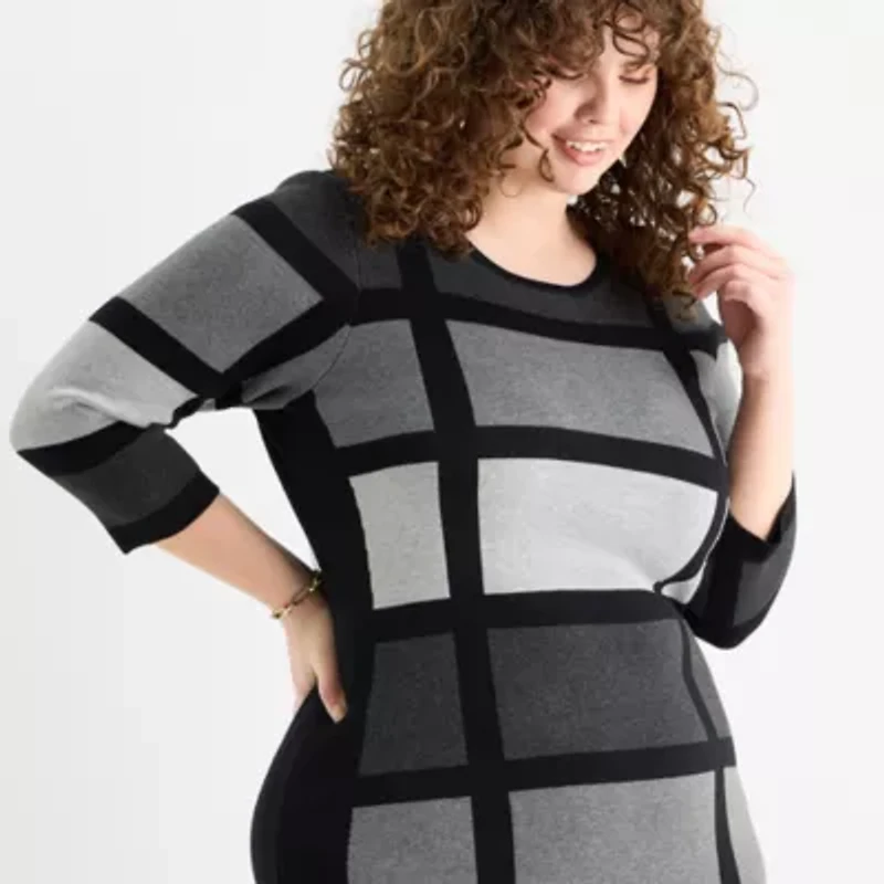 Danny & Nicole Womens Plus 3/4 Sleeve Windowpane Sweater Dress