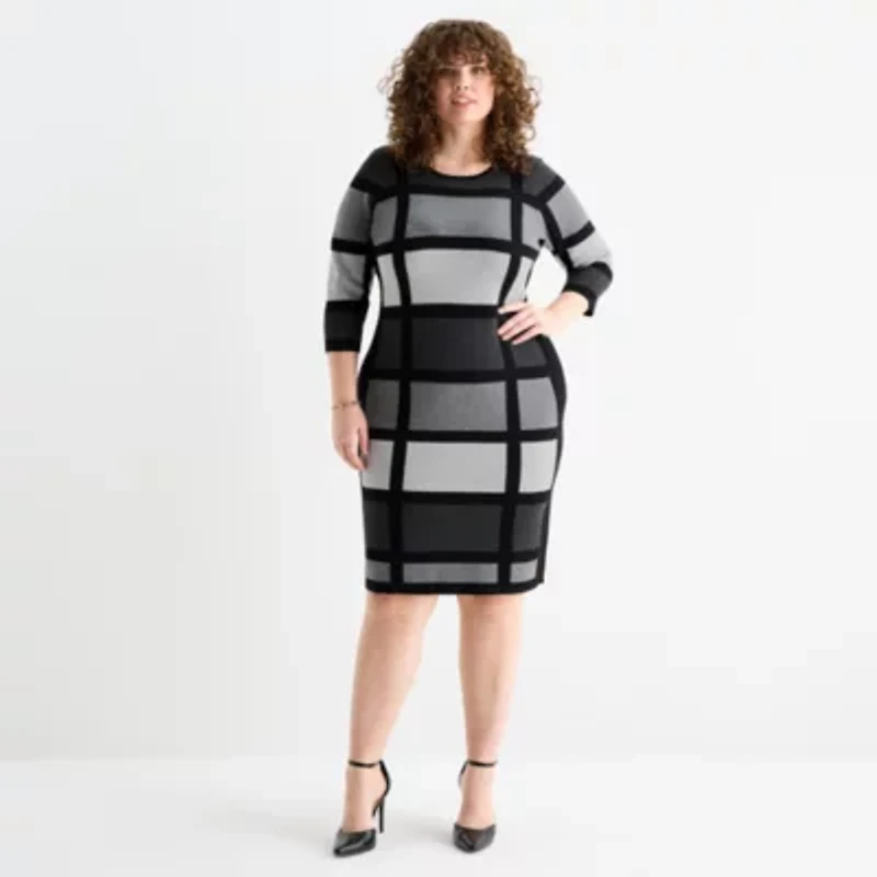 Danny & Nicole Womens Plus 3/4 Sleeve Windowpane Sweater Dress