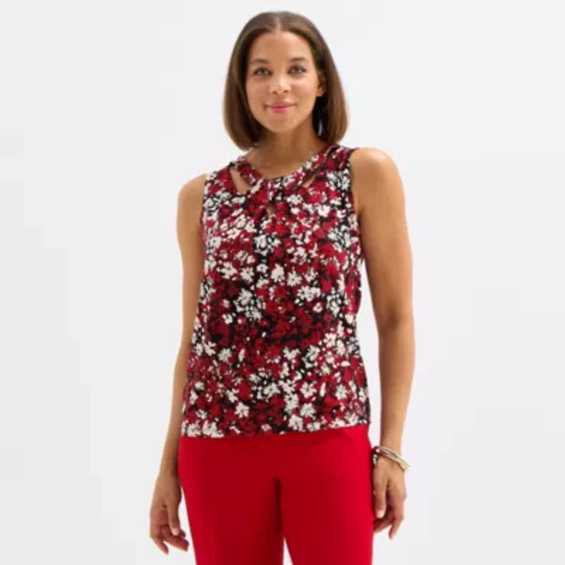 Black Label by Evan-Picone Floral Womens Keyhole Neck Sleeveless Blouse