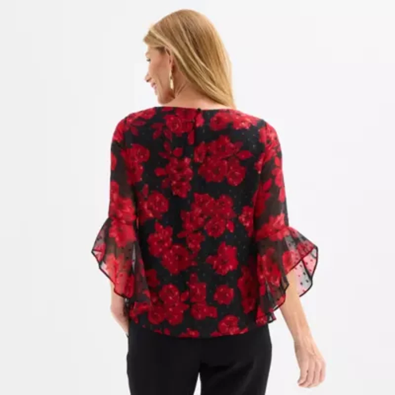 Black Label by Evan-Picone Floral Womens Crew Neck 3/4 Sleeve Blouse