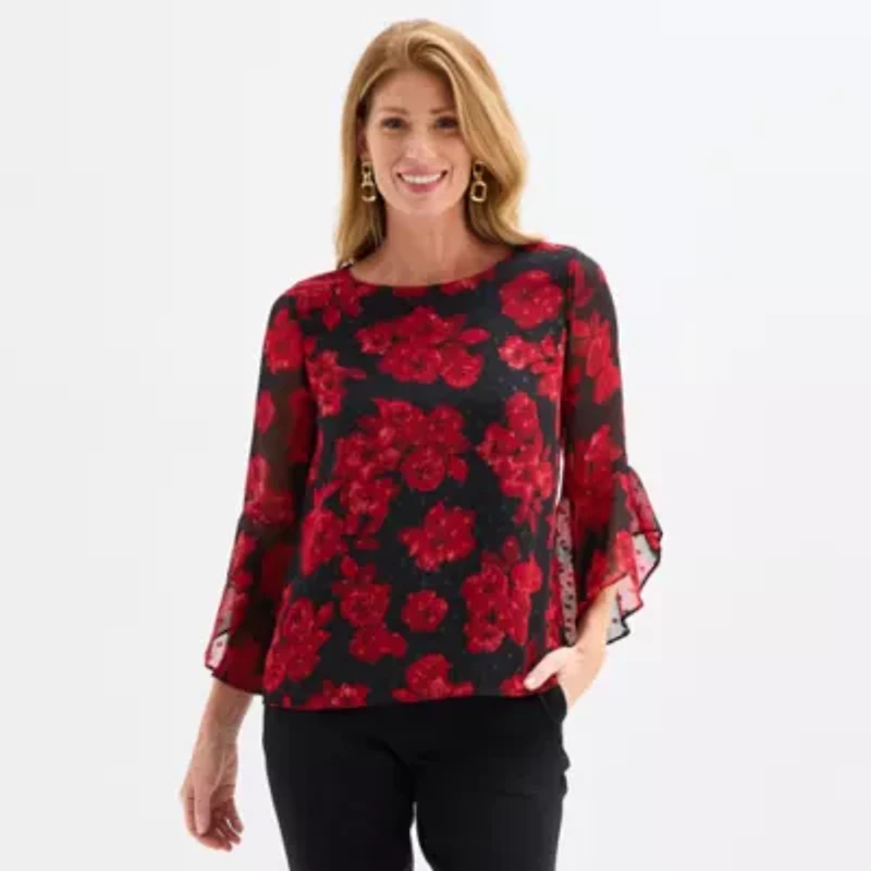 Black Label by Evan-Picone Floral Womens Crew Neck 3/4 Sleeve Blouse