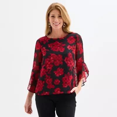 Black Label by Evan-Picone Floral Womens Crew Neck 3/4 Sleeve Blouse