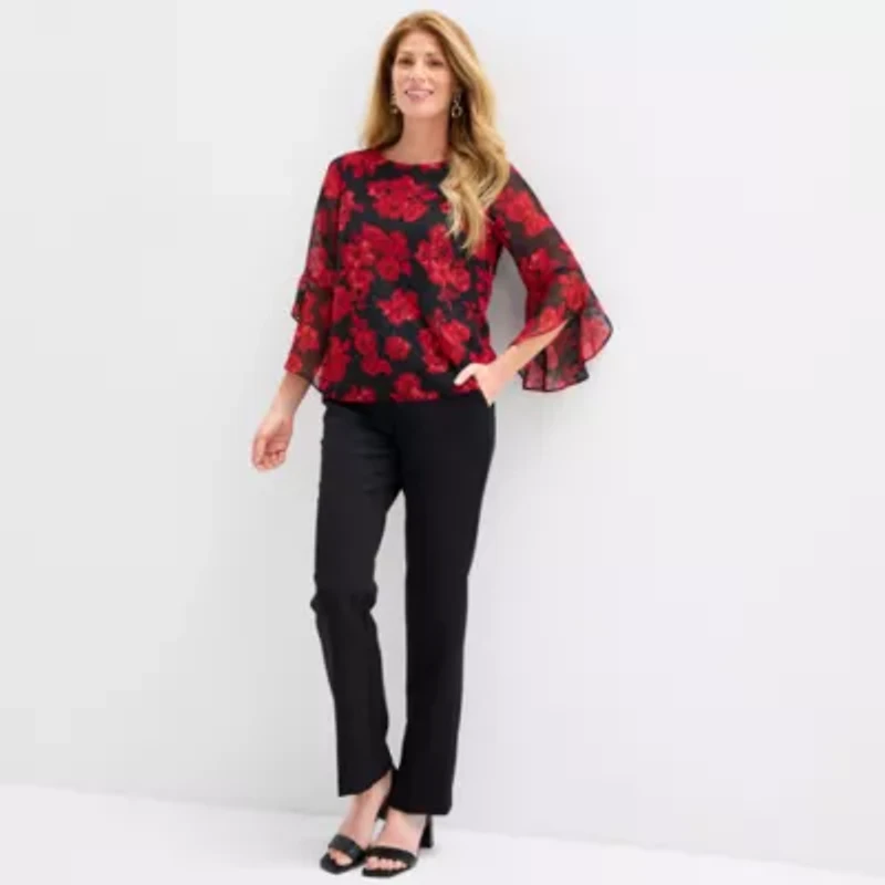Black Label by Evan-Picone Floral Womens Crew Neck 3/4 Sleeve Blouse