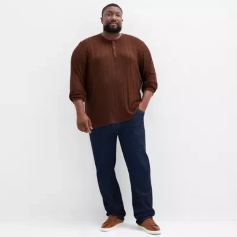 Shaquille O'Neal XLG Ribbed Dropneedle Mens Long Sleeve Regular Fit Big and Tall Henley Shirt