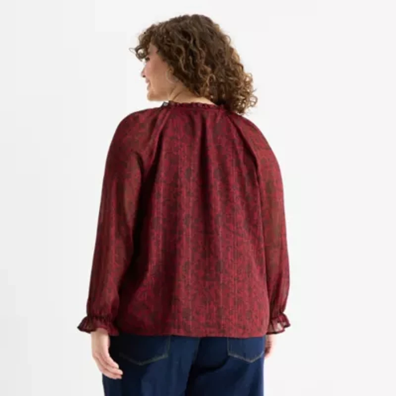 Frye and Co. Womens Plus Split Tie Neck Long Sleeve Blouse