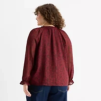 Frye and Co. Womens Plus Split Tie Neck Long Sleeve Blouse