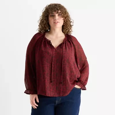 Frye and Co. Womens Plus Split Tie Neck Long Sleeve Blouse