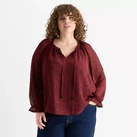 Frye and Co. Womens Plus Split Tie Neck Long Sleeve Blouse